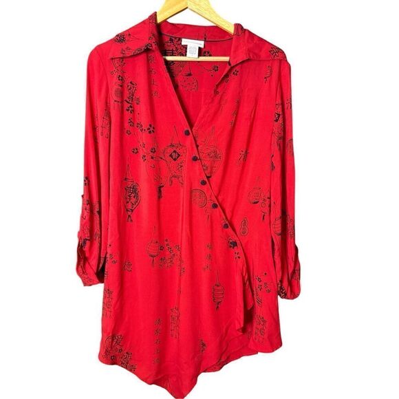Soft Surroundings Red Pagoda Asian Wrap Button Tunic sz M - Picture 2 of 7